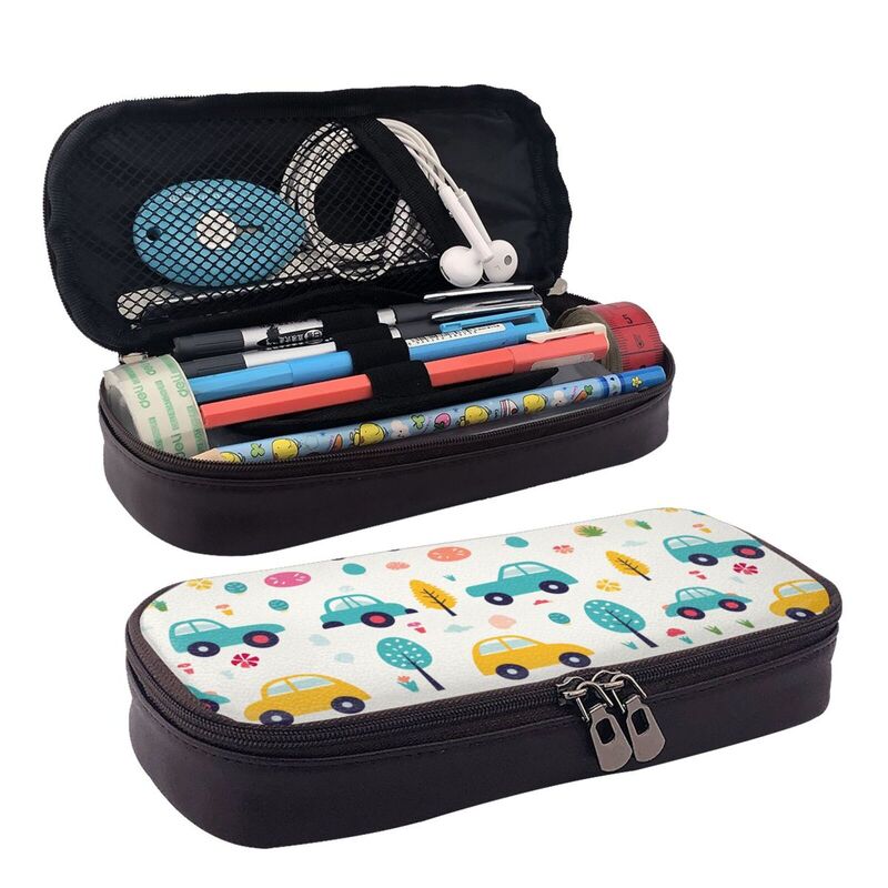 Huglittle Whimsical Journey Leather Pencil Case with Enchanting Car & Nature Patterns