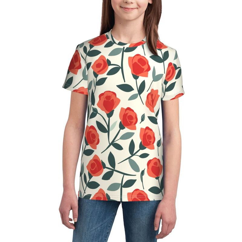 Huglittle Youth Short Sleeve T-Shirt with Vibrant Rose Design and Retro Vintage Vibe
