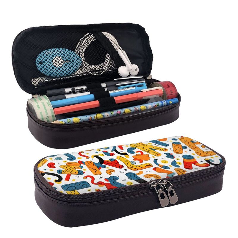 HugLittle Vibrant Leather Pencil Case: Doodle Design Inspired by Prehistoric Art and Multiculturalism