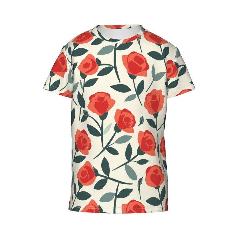 Huglittle Youth Short Sleeve T-Shirt with Vibrant Rose Design and Retro Vintage Vibe