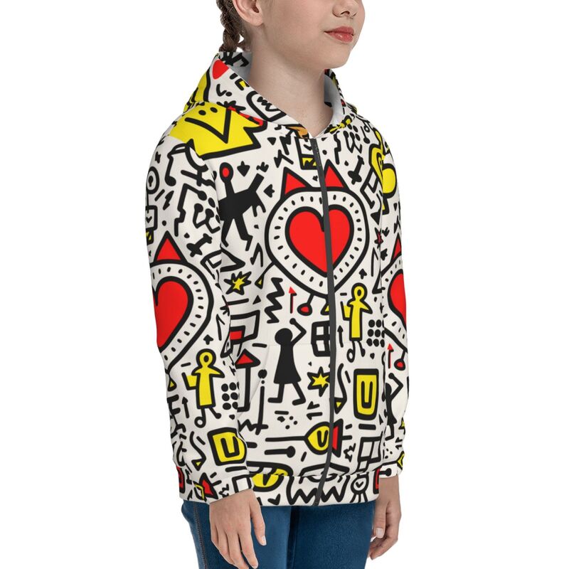 Huglittle Abstract Doodle Zipper Hoodie for Teens - Vibrant, Joyful Design
