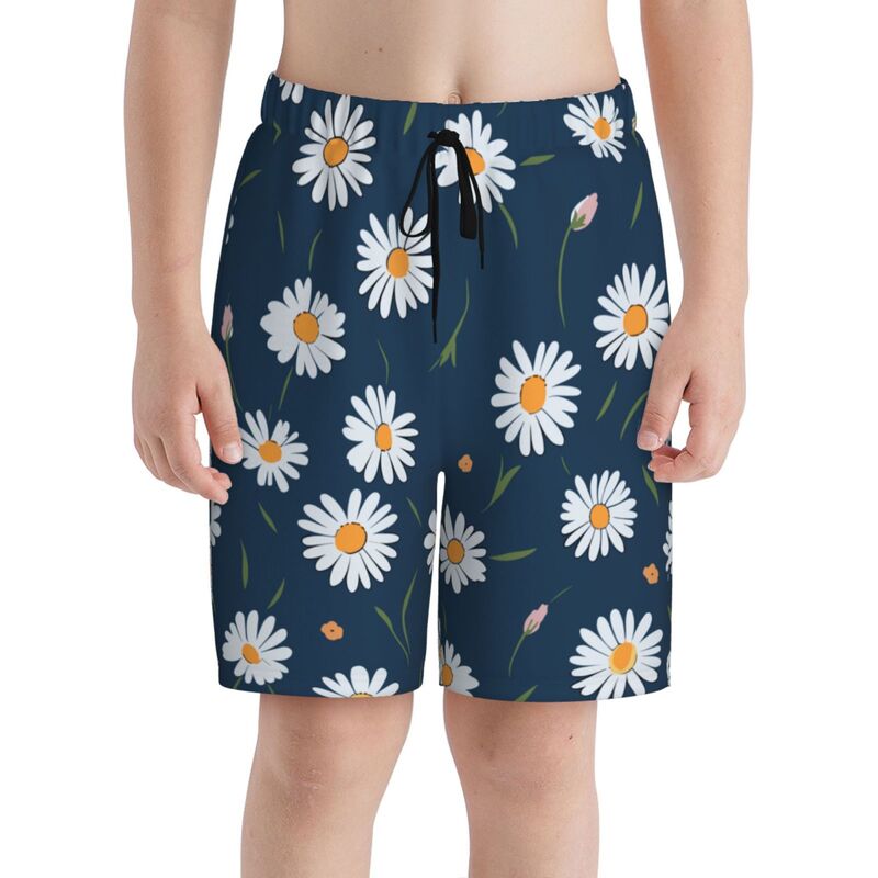 Huglittle Vibrant Blue Teen Beach Trunks with Whimsical Daisy Design
