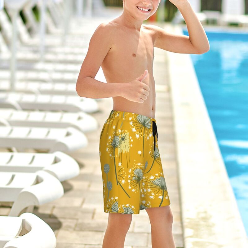 Huglittle Whimsical Dandelion-Print Teen Beach Trunks in Yellow and Gray