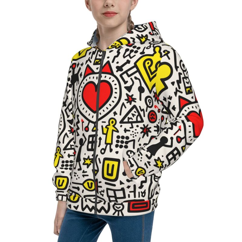 Huglittle Abstract Doodle Zipper Hoodie for Teens - Vibrant, Joyful Design