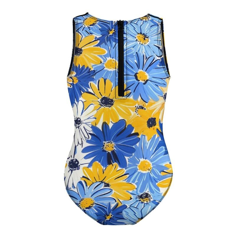 Huglittle Girls' Daisy-Inspired One-Piece Swimsuit - Vibrant Blue & Yellow Design