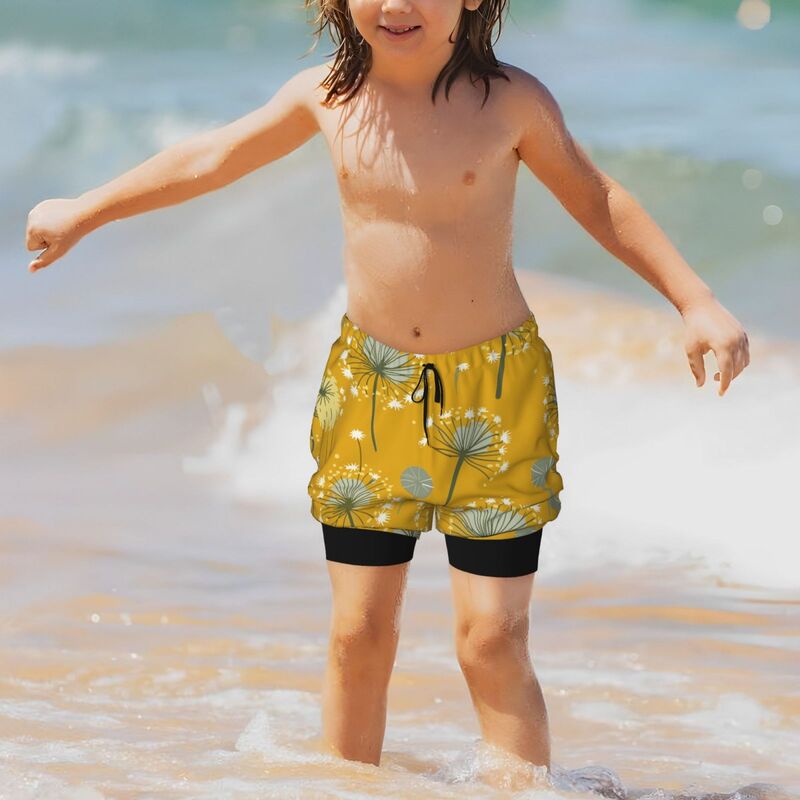 Huglittle Whimsical Dandelion-Print Teen Beach Trunks in Yellow and Gray