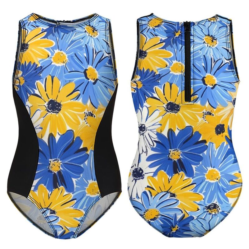 Huglittle Girls' Daisy-Inspired One-Piece Swimsuit - Vibrant Blue & Yellow Design