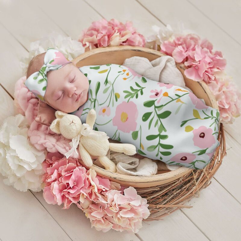 Huglittle Baby Swaddle & Headband Set - Whimsical Floral Design