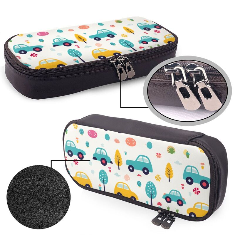 Huglittle Whimsical Journey Leather Pencil Case with Enchanting Car & Nature Patterns
