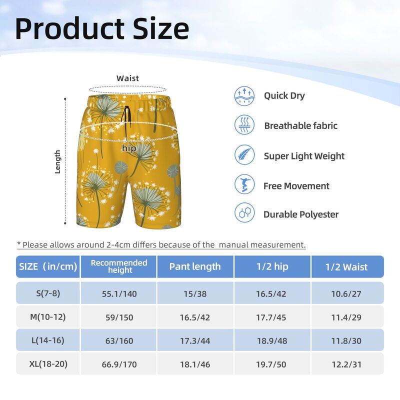 Huglittle Whimsical Dandelion-Print Teen Beach Trunks in Yellow and Gray