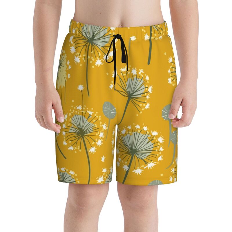 Huglittle Whimsical Dandelion-Print Teen Beach Trunks in Yellow and Gray