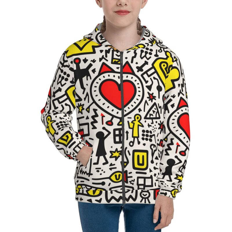 Huglittle Abstract Doodle Zipper Hoodie for Teens - Vibrant, Joyful Design