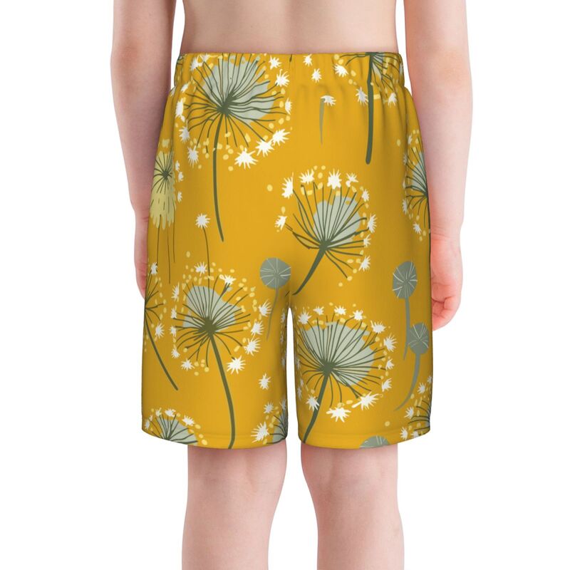 Huglittle Whimsical Dandelion-Print Teen Beach Trunks in Yellow and Gray