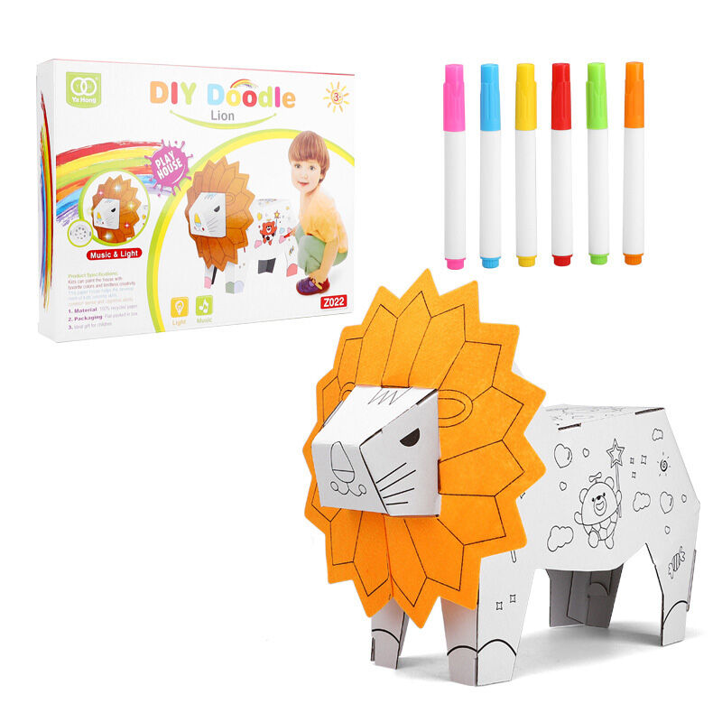 3D Cardboard Lion DIY Assembly Graffiti Early Education Puzzle Toy Huglittle
